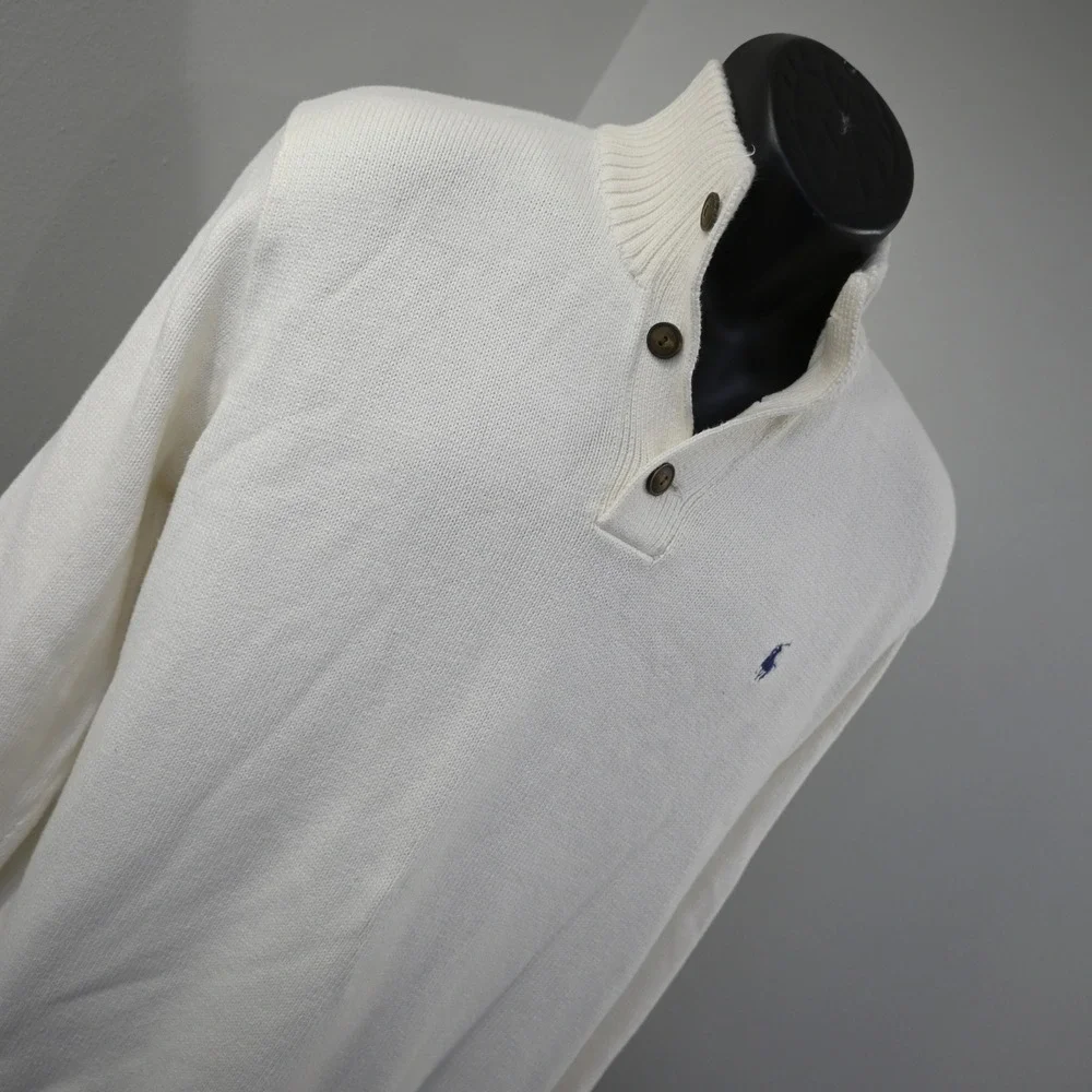 Polo Ralph Lauren Knit Sweater Mens XL Cream Mock Neck Cotton Pullover 3 Button